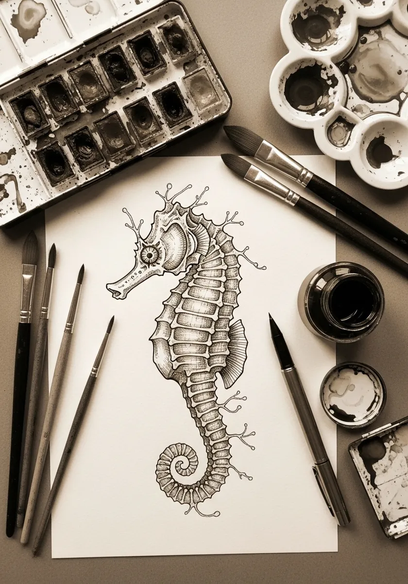Artist drawing a detailed seahorse entirely in fine black ink