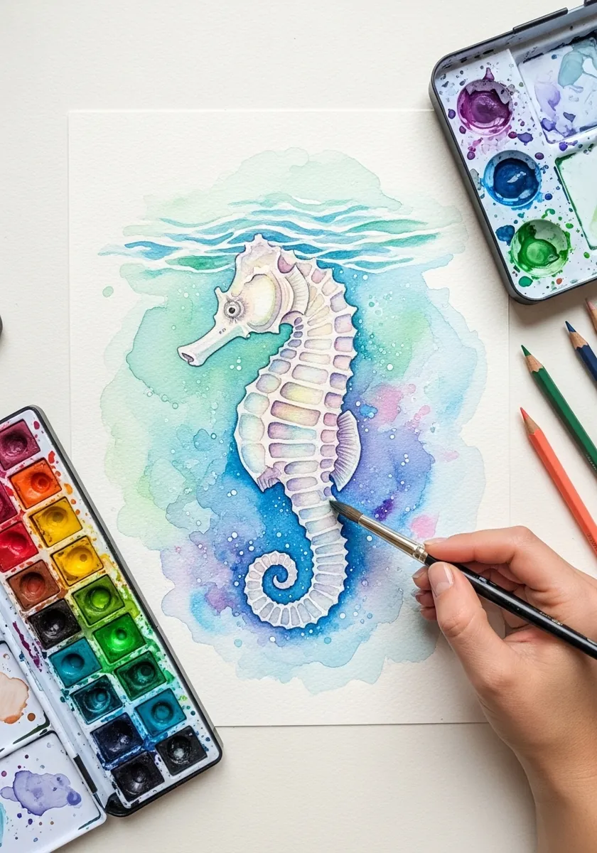 Artist painting a pale seahorse against a soft blue-green sea wash