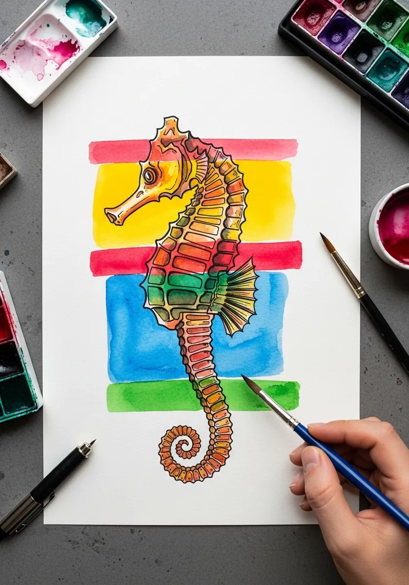 Artist painting a seahorse over flat blocks of bright color