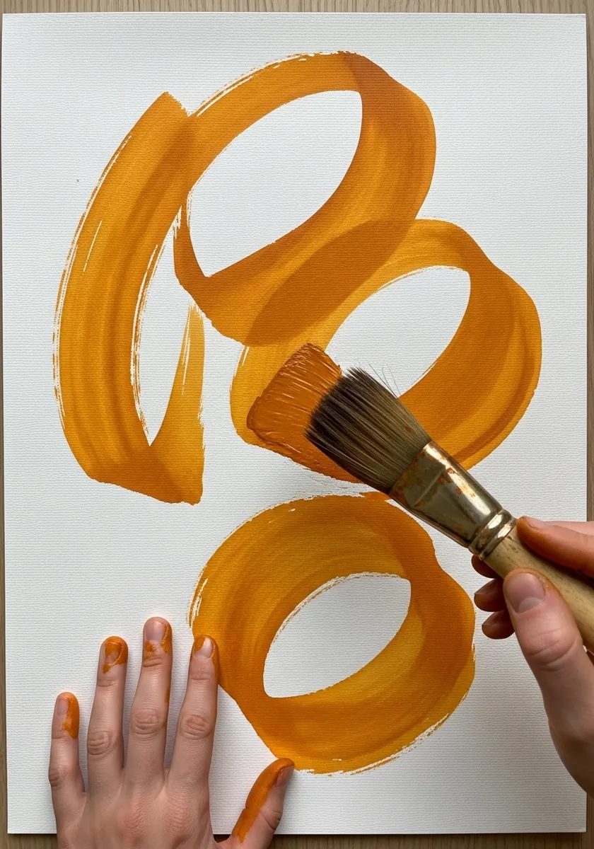Artist painting bold ochre brush loops on white paper
