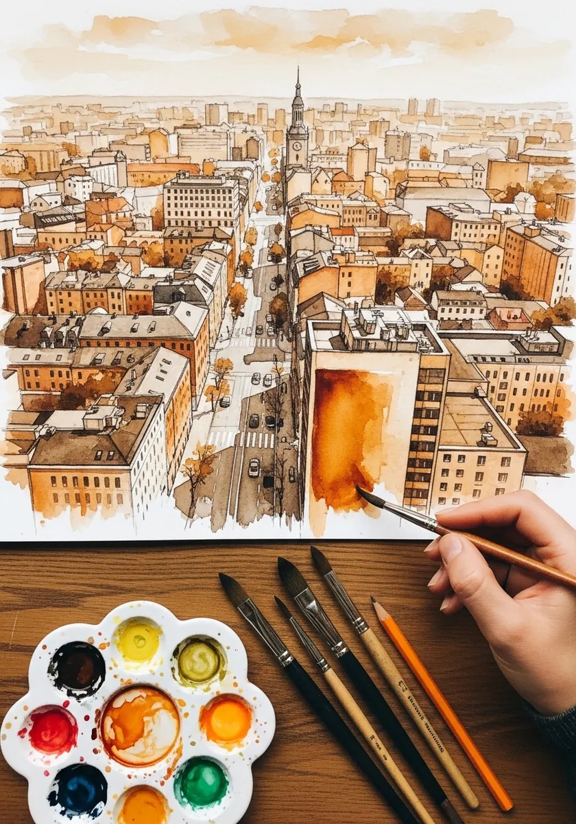 Artist painting an aerial cityscape in ochre and sepia tones