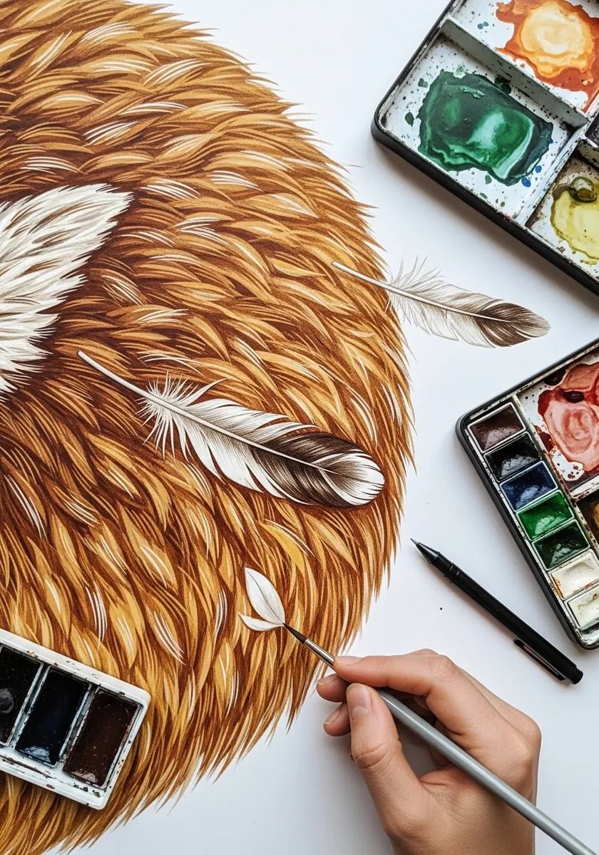Artist painting a detailed feather and fur texture study in ochre