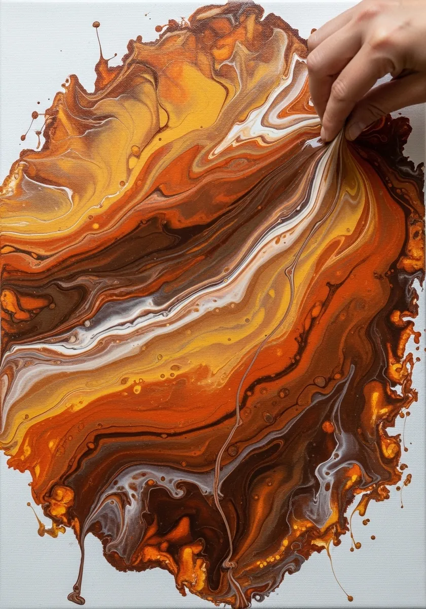Artist creating a marbled pour of ochre and brown paint