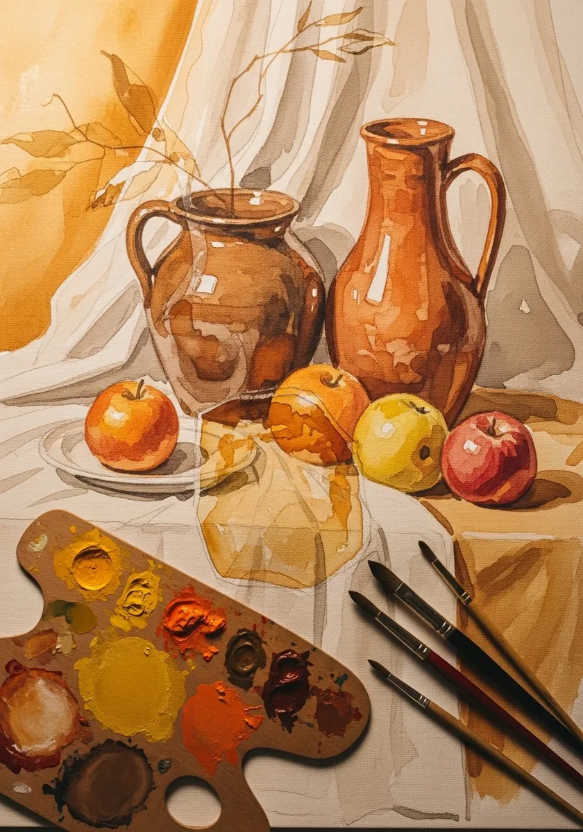 Artist painting a still life of jugs, fruit and drapery in warm tones