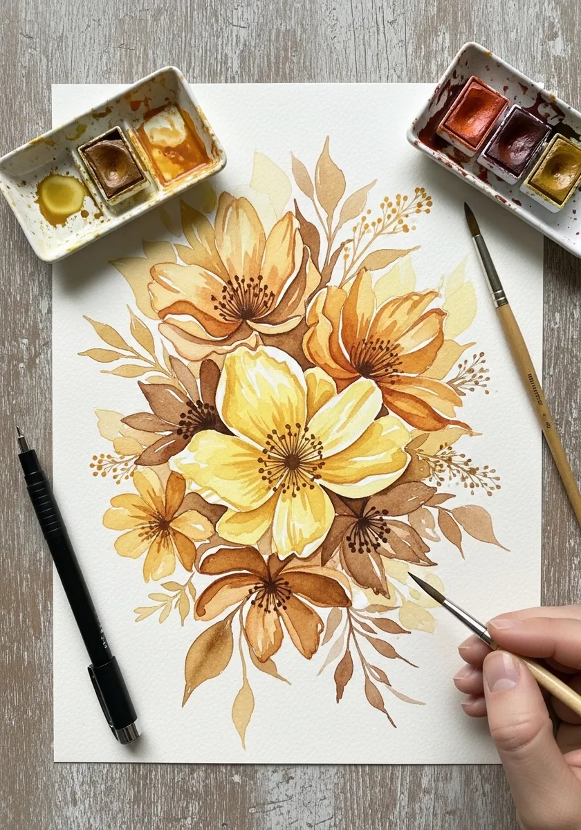 Artist painting a bouquet of golden flowers in warm ochre watercolor
