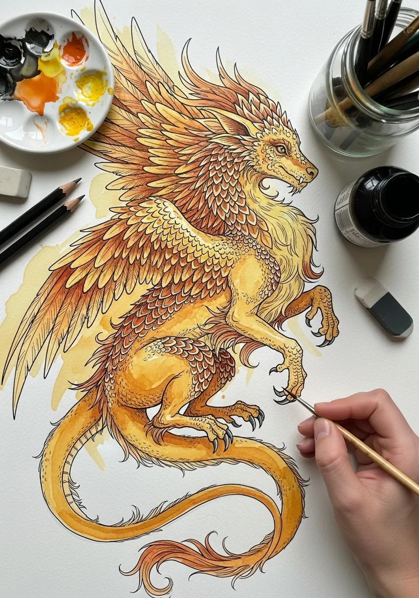 Artist painting an ornate golden dragon in ochre and gold tones