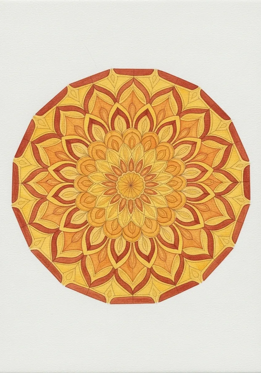 Artist painting a symmetrical mandala in ochre and red