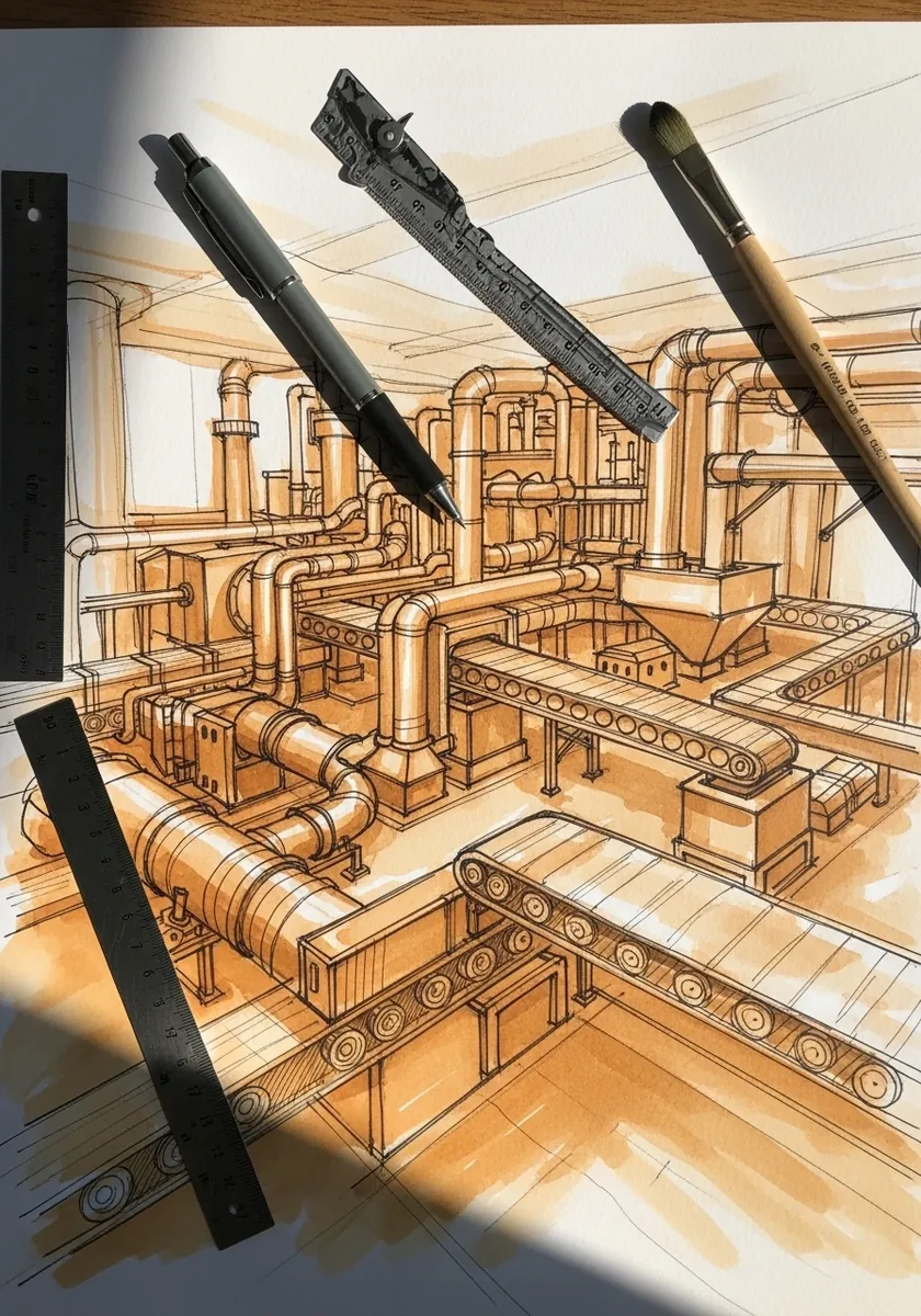 Artist drawing industrial pipework in ochre perspective line