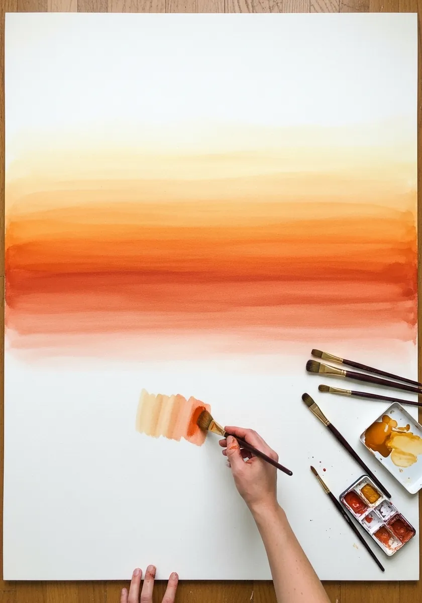 Artist painting flat horizontal bands of graded ochre and orange