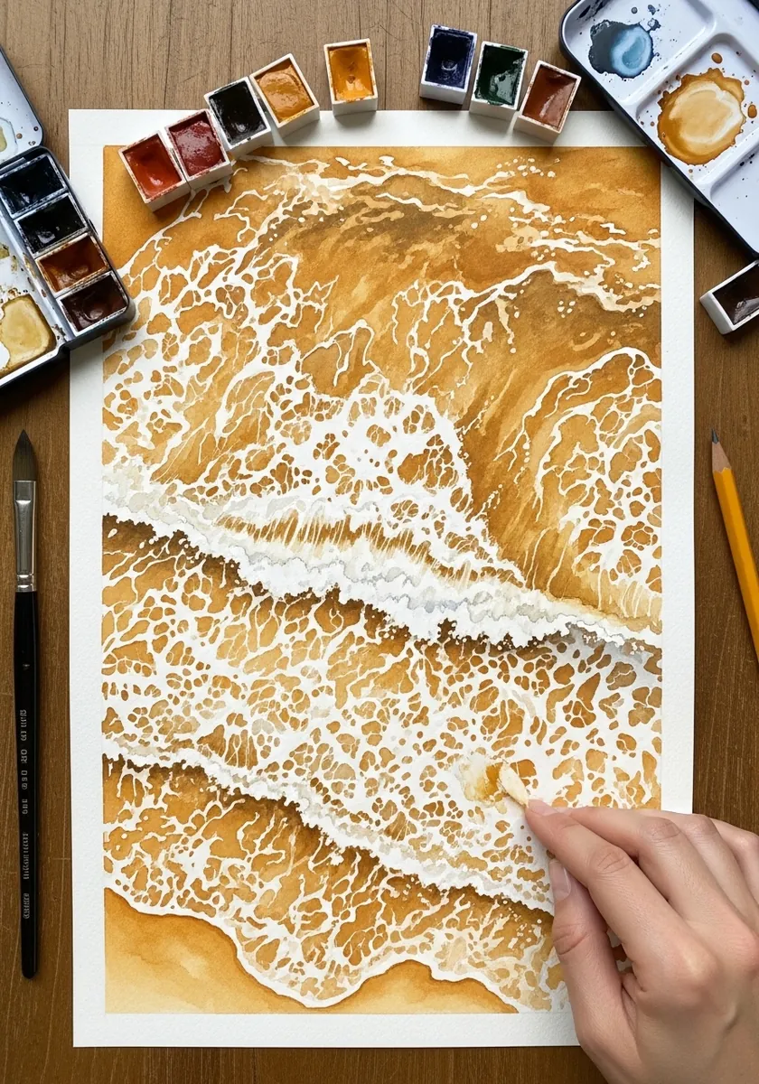 Artist painting a breaking wave in ochre with white foam