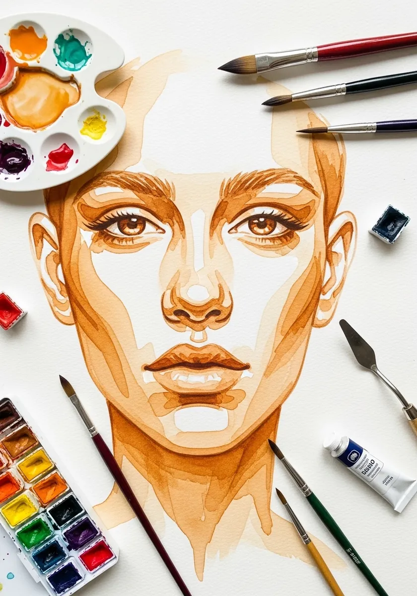 Artist painting a face divided into flat blocks of ochre
