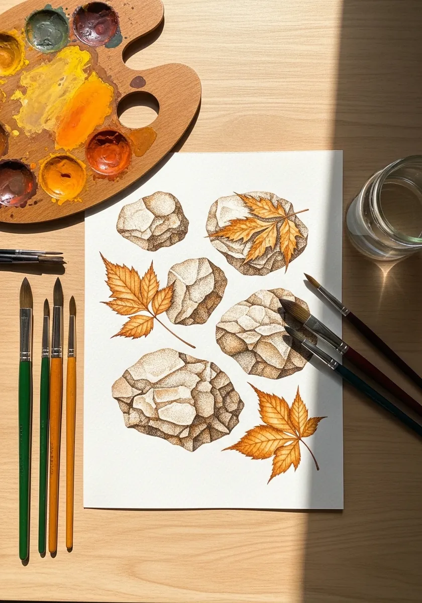 Artist painting studies of rocks and autumn leaves in ochre