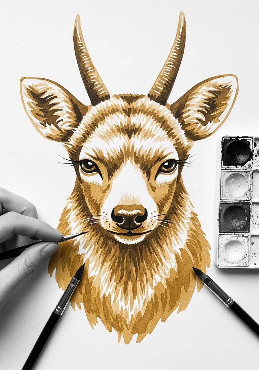 Artist painting a detailed antelope head in warm ochre tones
