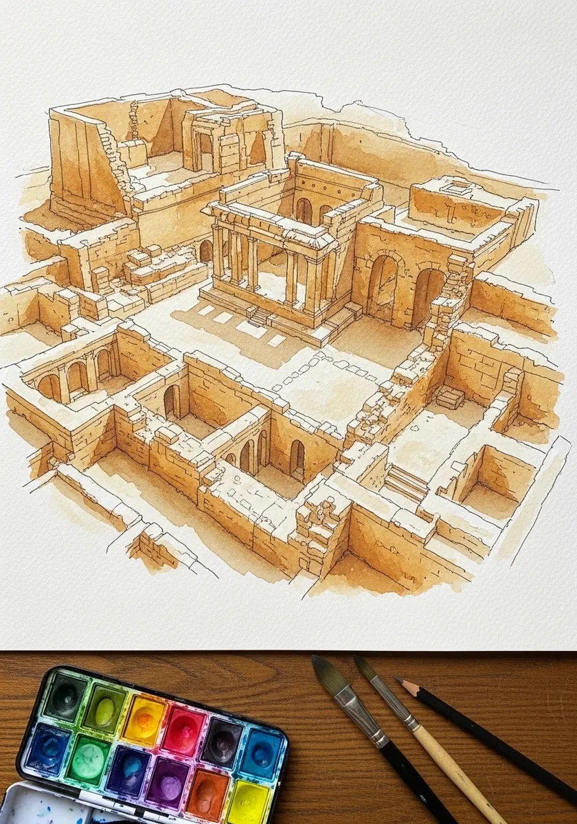 Artist drawing an archaeological site plan in ochre line and wash