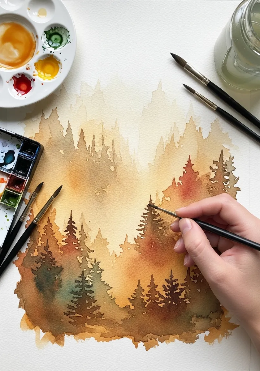 Artist painting a misty ochre pine forest in soft watercolor