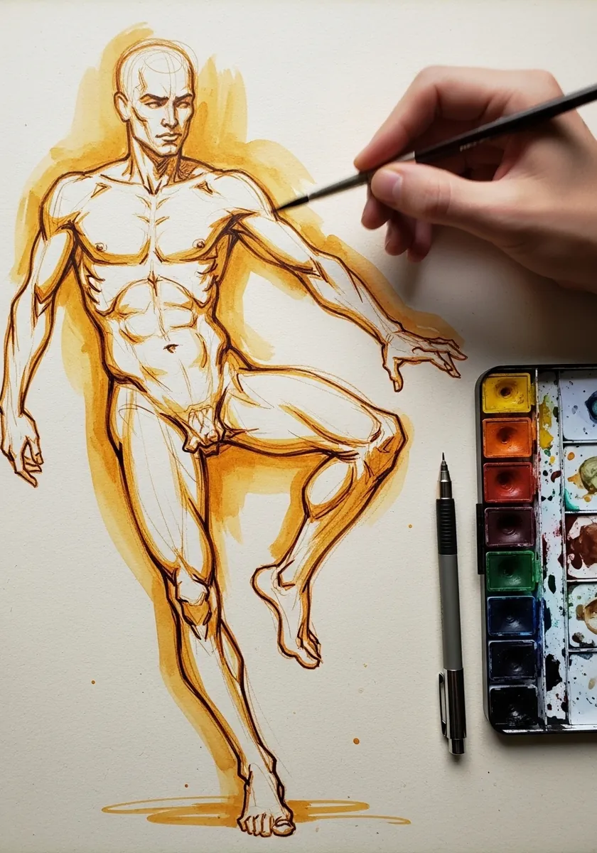 Artist painting a moving figure in flowing ochre line