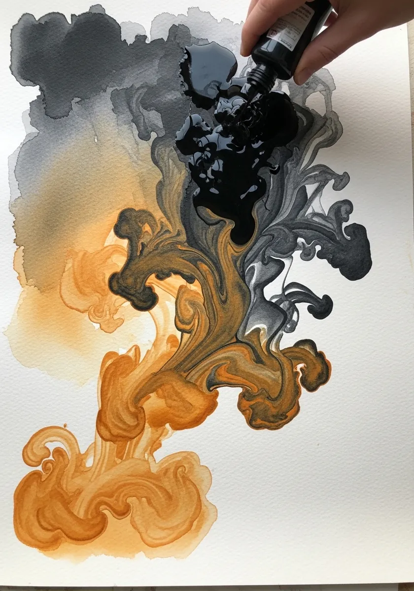 Artist painting swirling ochre and gray smoke in watercolor