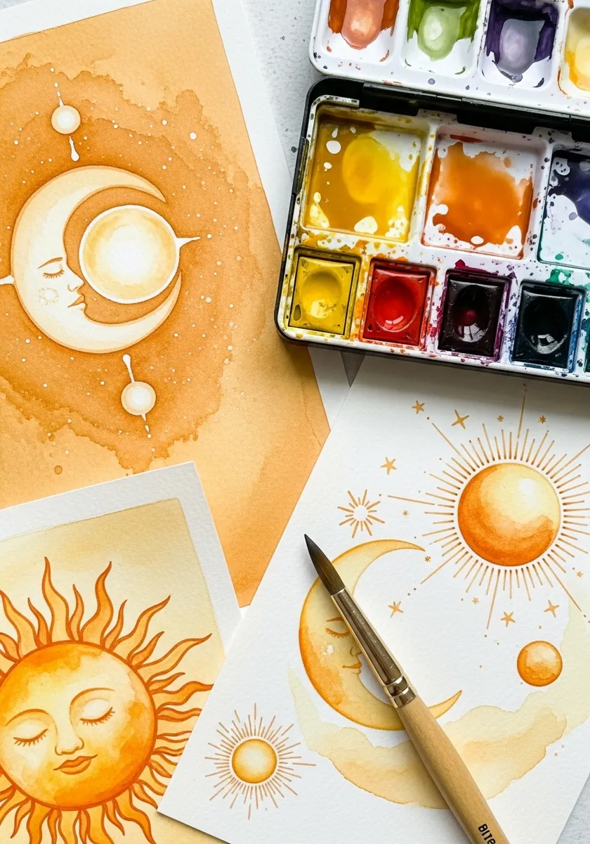Artist painting decorative sun and moon motifs in ochre and gold