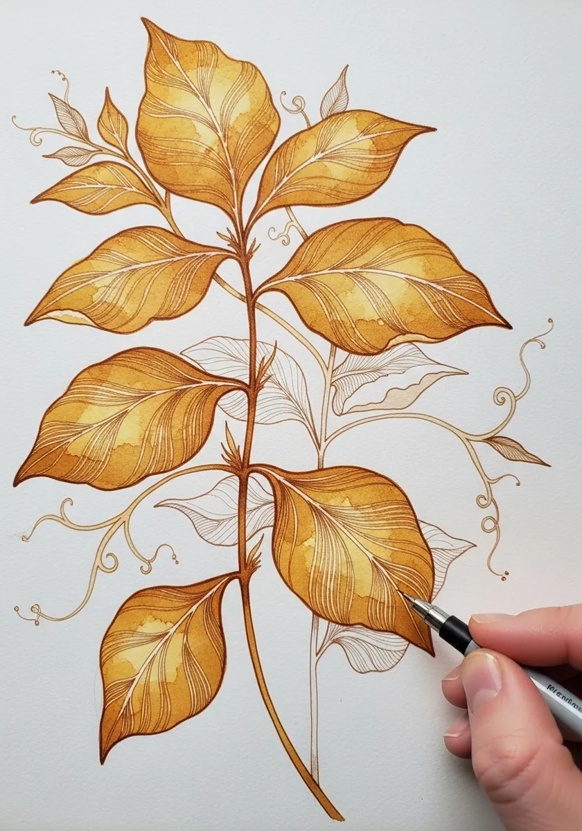 Artist drawing a botanical spray in fine gold and ochre line
