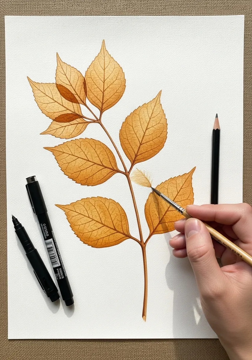 Artist painting a spray of golden leaves in ochre watercolor