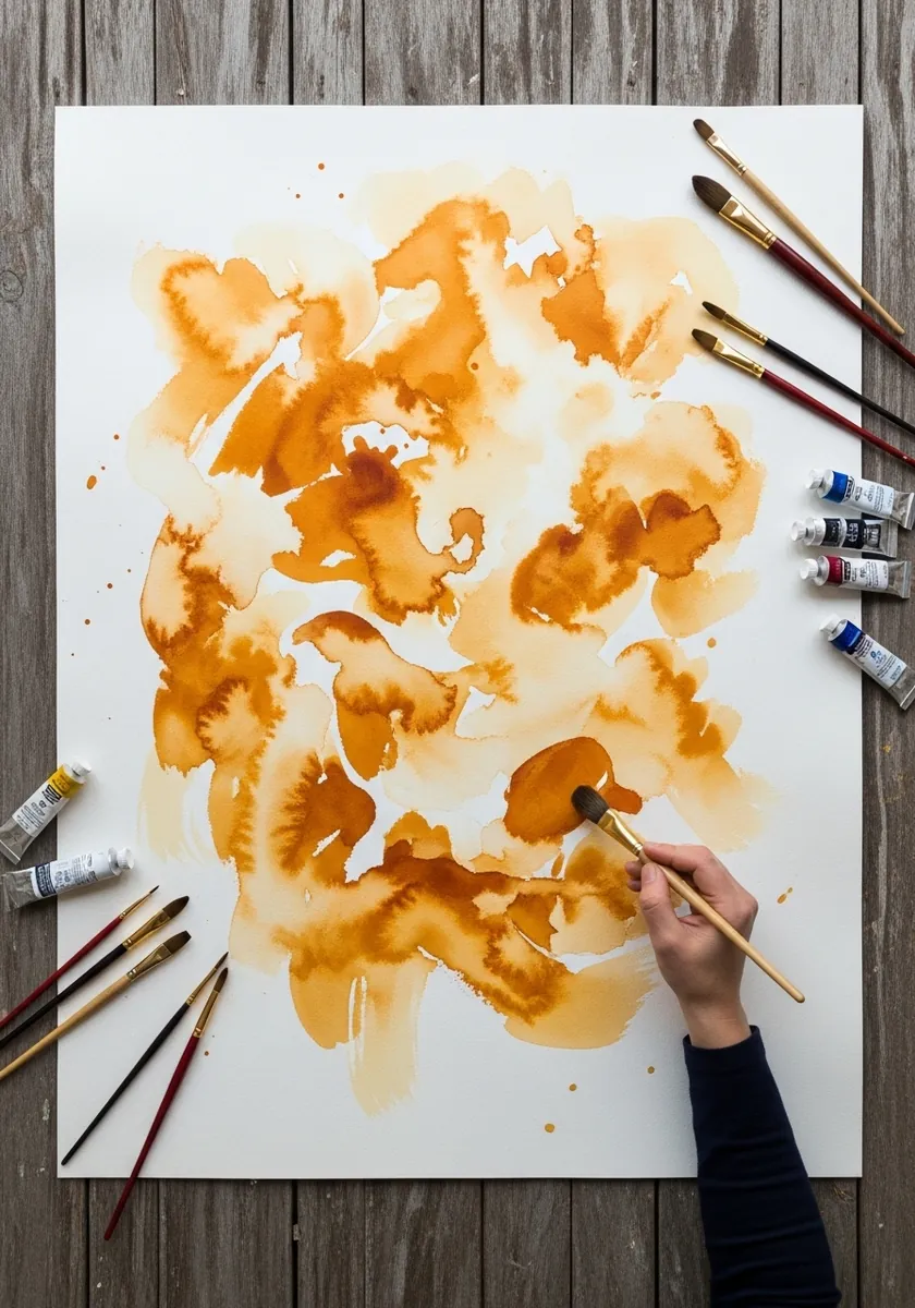 Artist painting loose abstract ochre blooms across a sheet