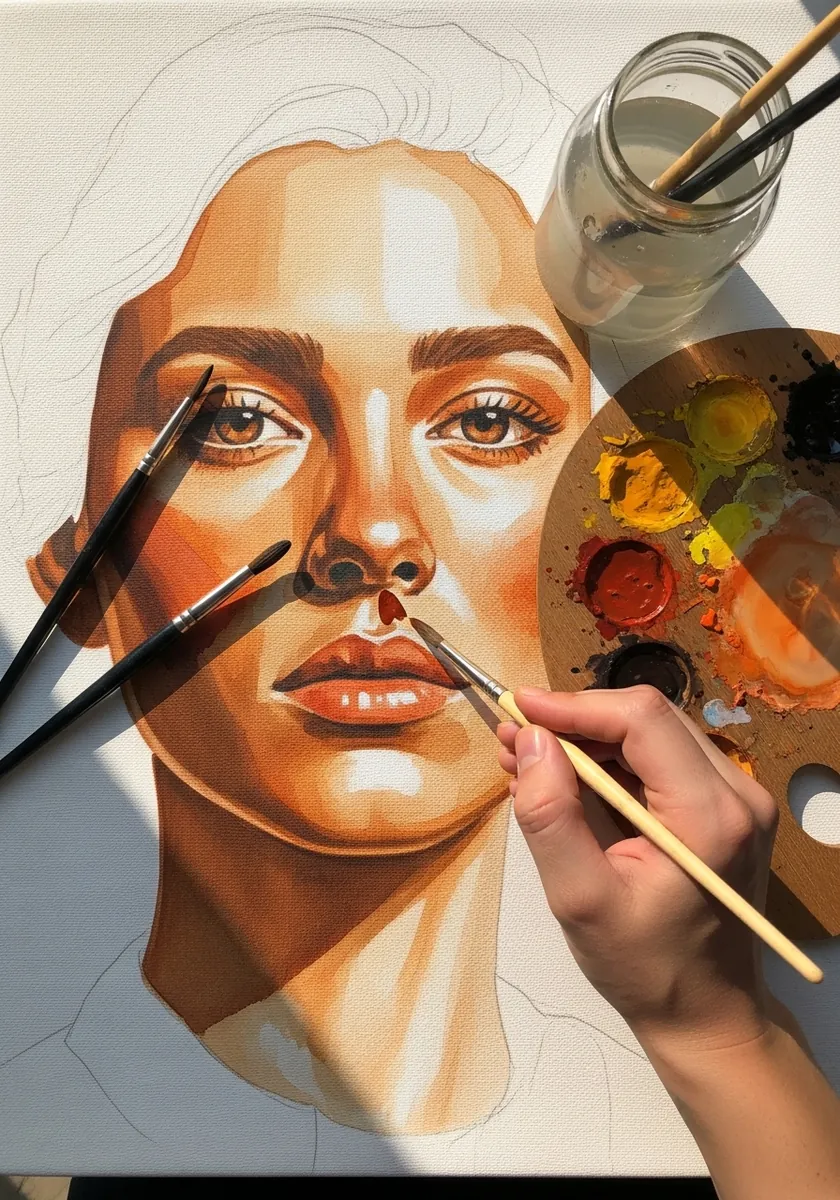 Artist painting a portrait in ochre and brown with visible construction lines