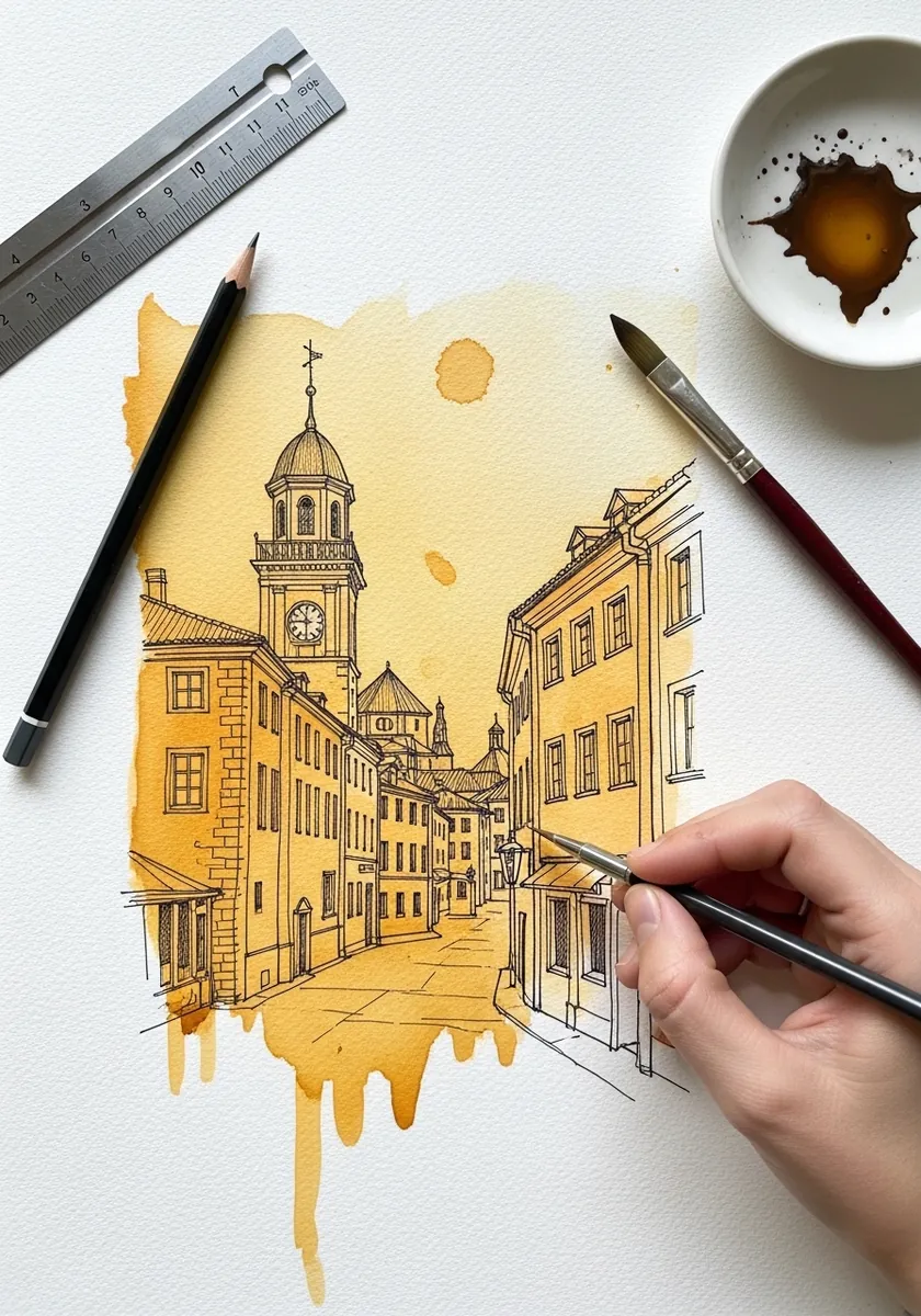Artist drawing a town street in ochre line with a loose wash behind
