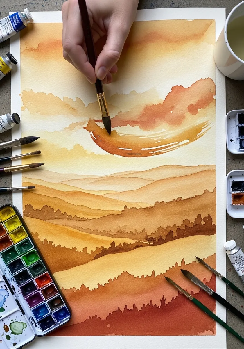 Artist painting rolling hills in layered ochre and brown washes