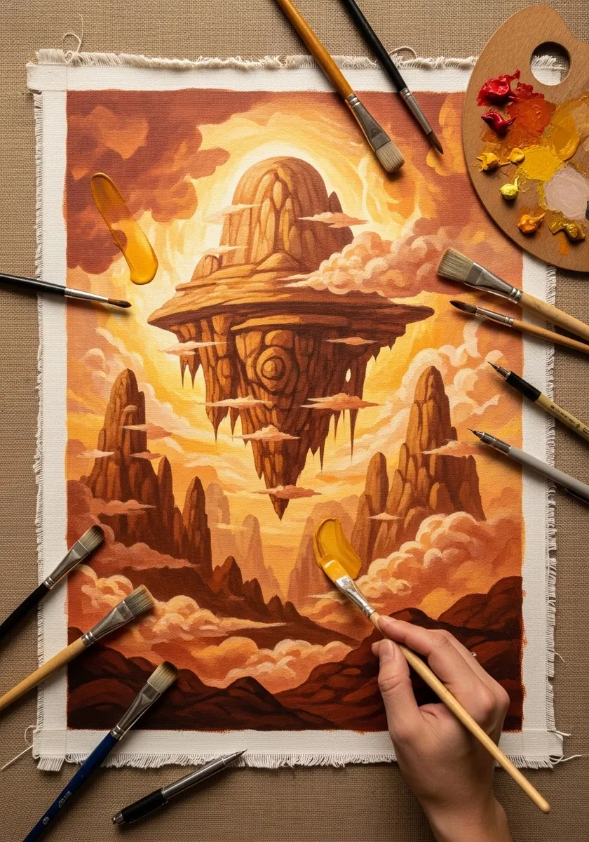 Artist painting a fantasy canyon citadel in warm ochre tones