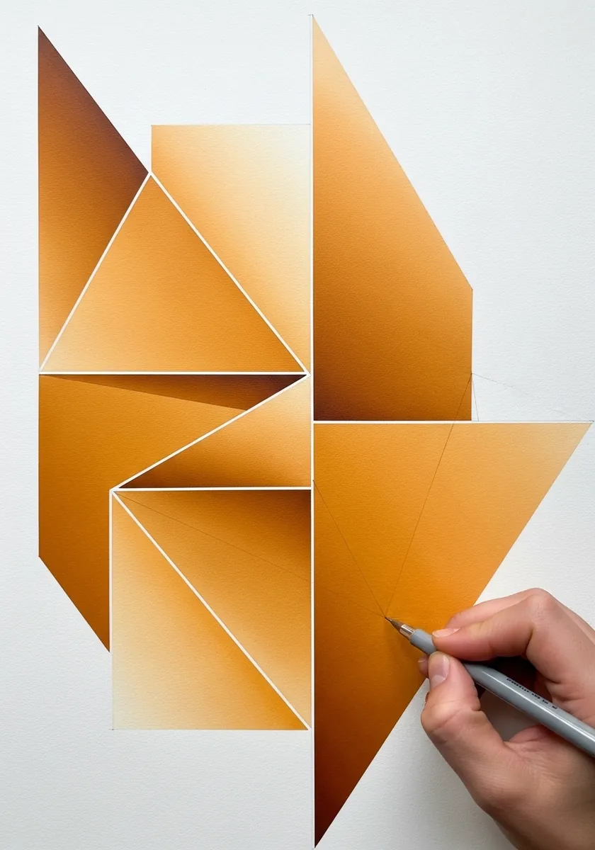 Artist painting folded geometric planes in graded ochre