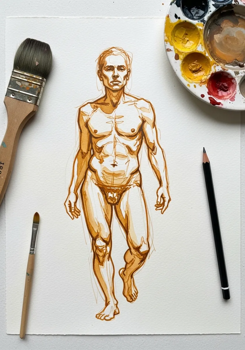 Artist painting an anatomical figure study in fine ochre line
