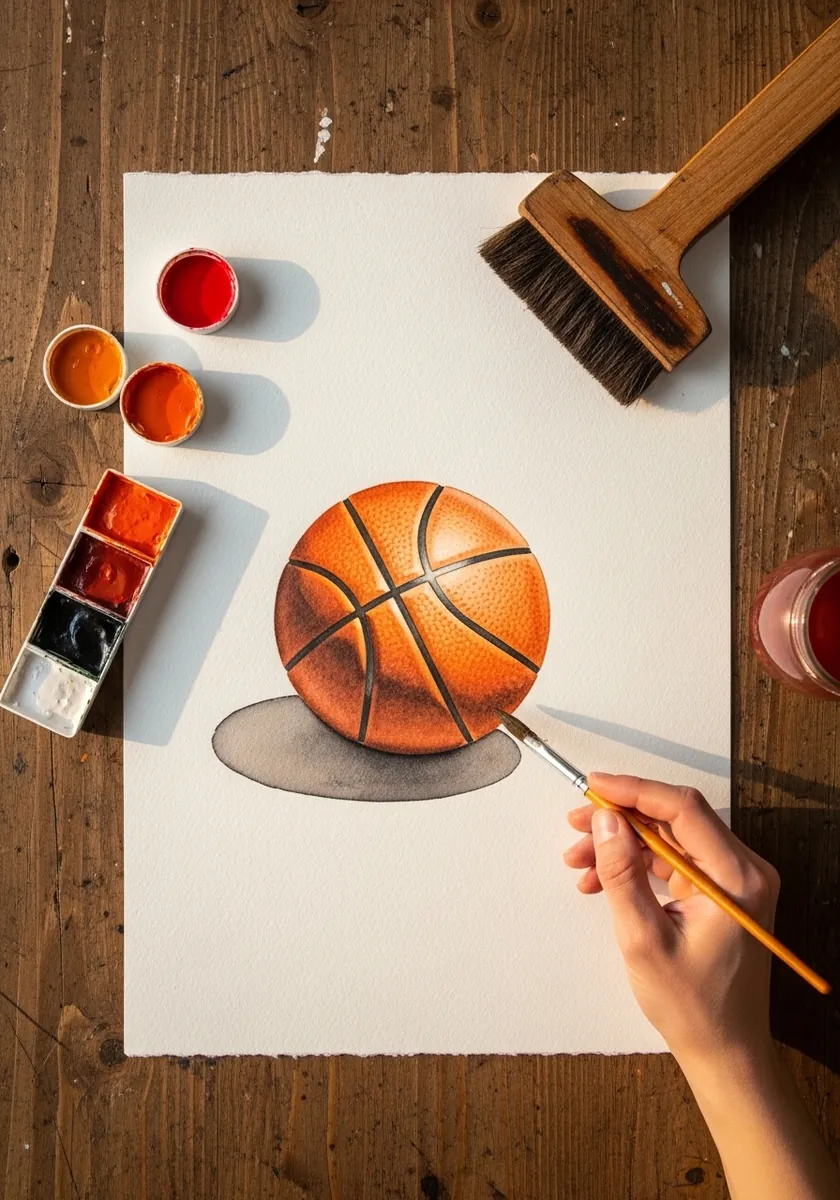 Realistic watercolor basketball with a soft cast shadow on white paper