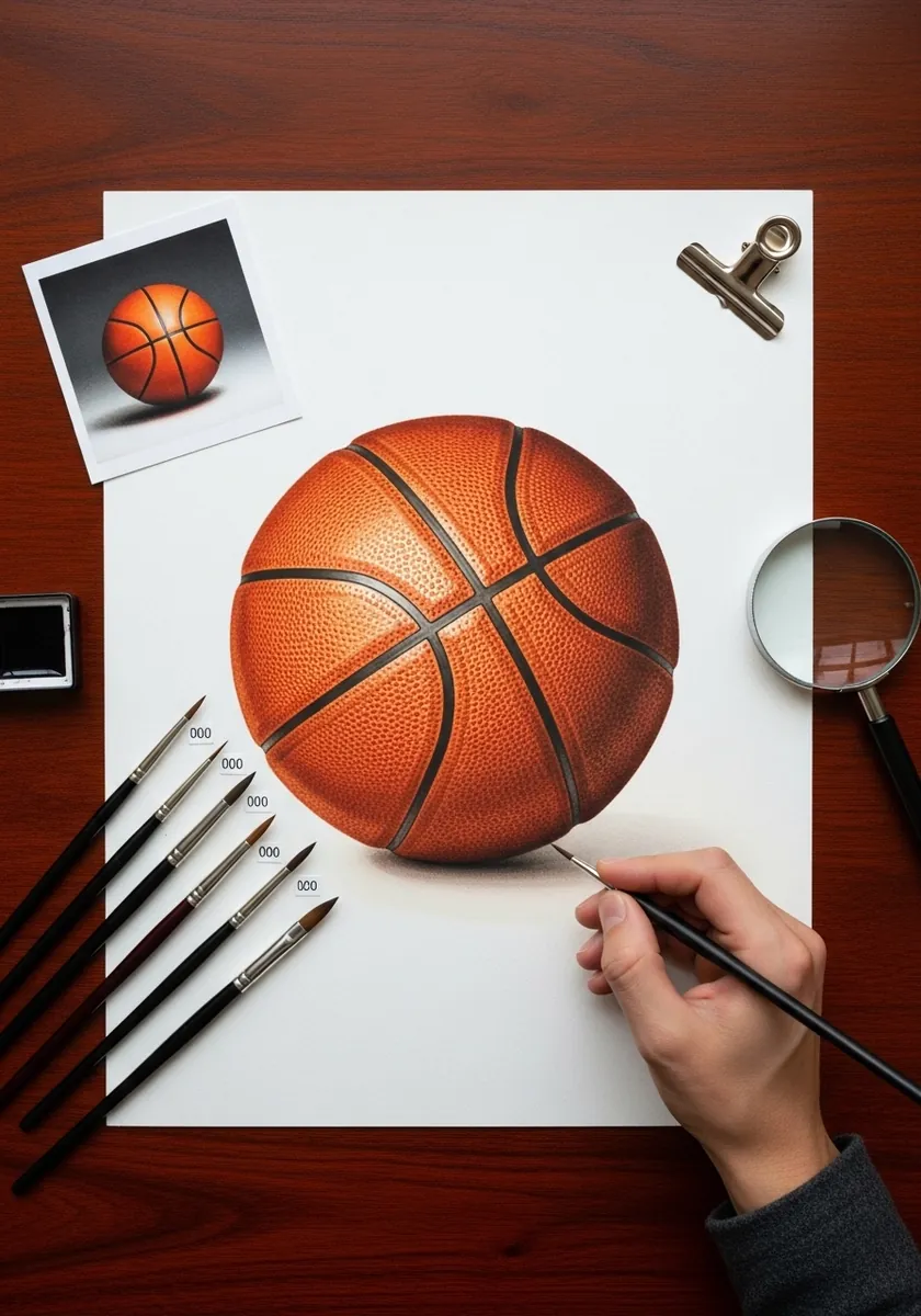Detailed watercolor basketball copied from a photograph with a magnifier nearby