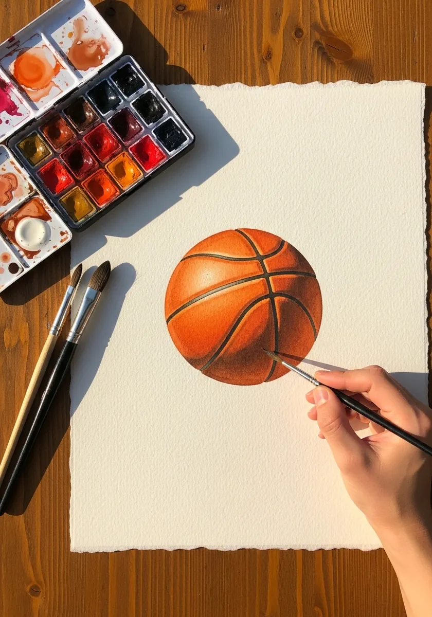 Small realistic basketball painted on a sheet of deckle edged watercolor paper