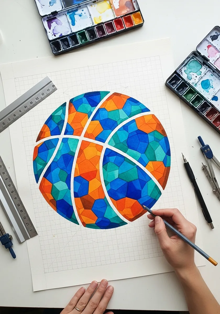 Basketball built from bright blue, green and orange mosaic style facets