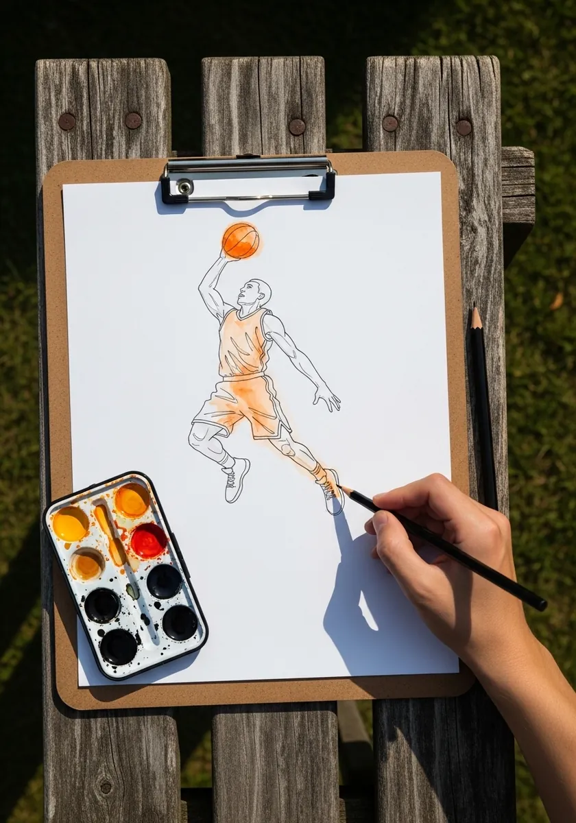 Line and wash drawing of a player dunking on a clipboard outdoors
