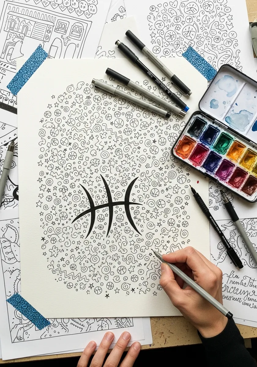 Basketball drawn as a dense field of tiny doodles with visible seam lines