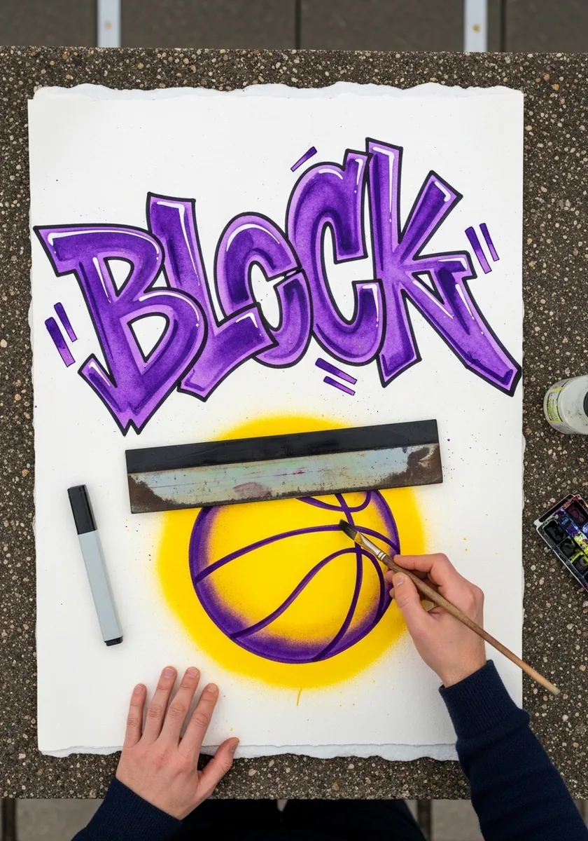 Graffiti lettering reading Block with a purple and yellow basketball beneath