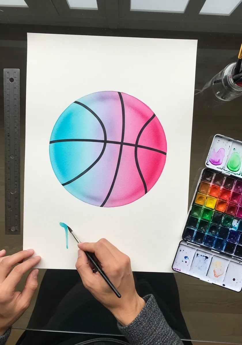 Basketball painted as a smooth gradient from pink through blue to teal