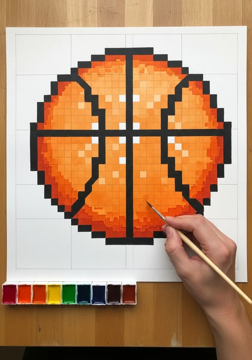 Pixel art basketball painted square by square on a grid background