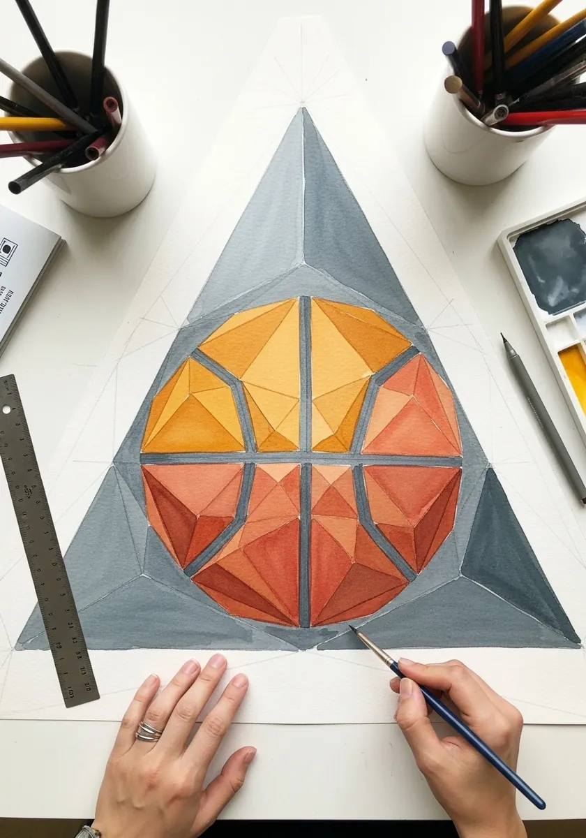 Basketball built from flat triangular facets inside a gray triangular frame