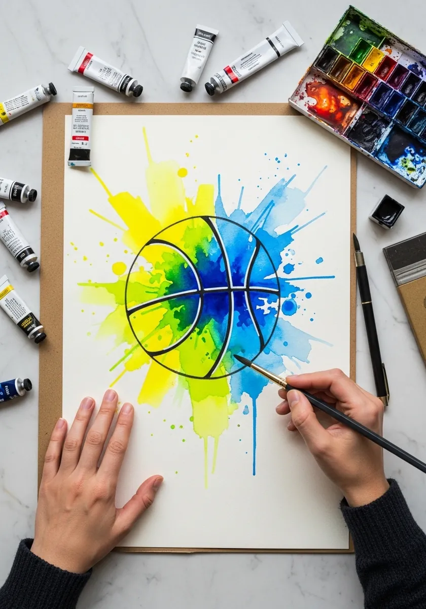 Basketball painted over an explosion of rainbow watercolor splashes