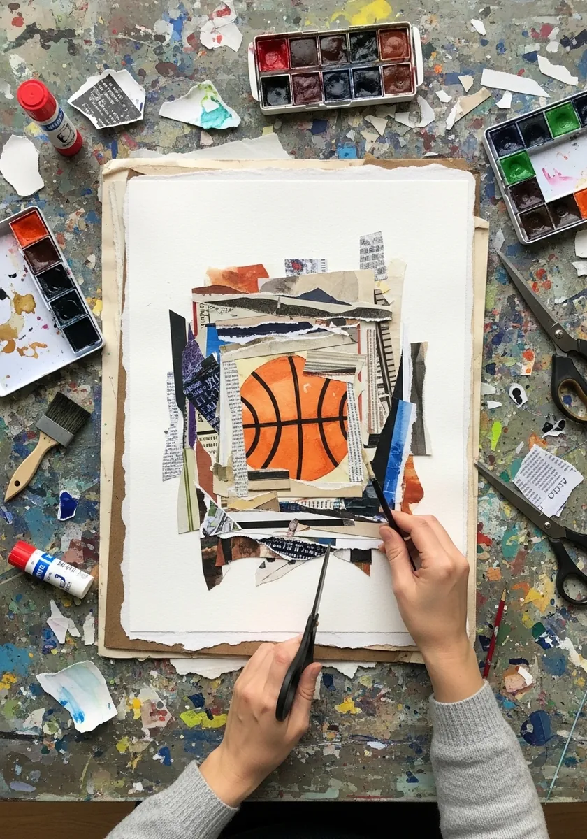 Basketball made from torn paper and collage fragments on a sketchbook page