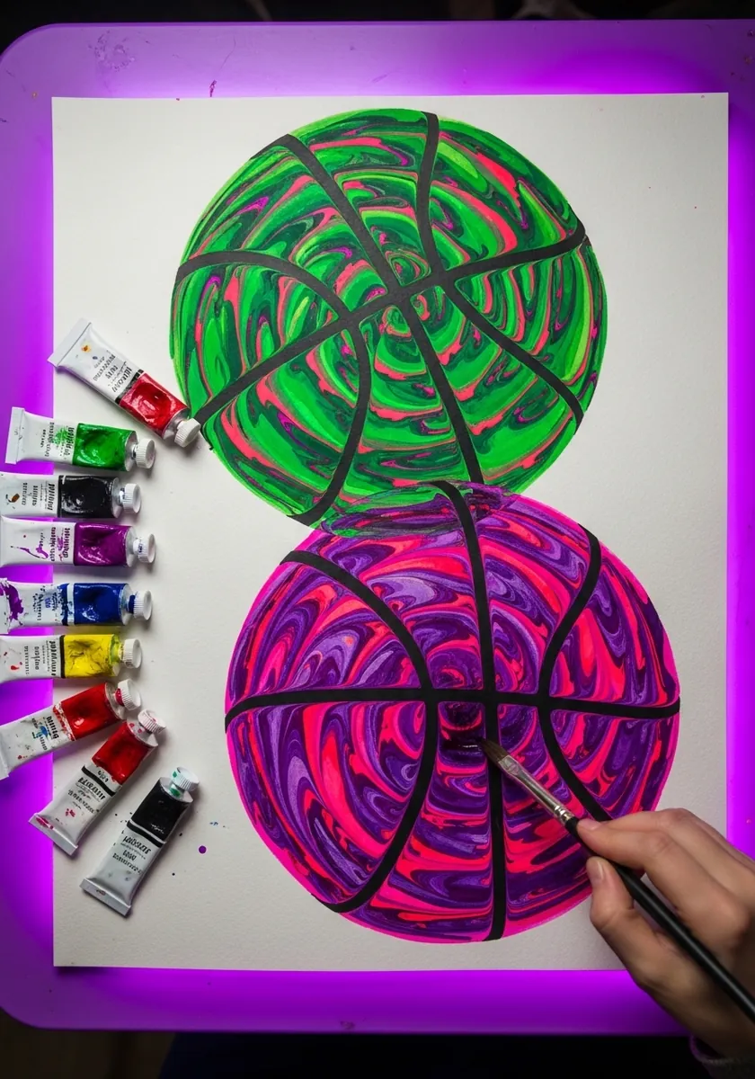 Two glowing neon green and pink basketballs on a bright purple background