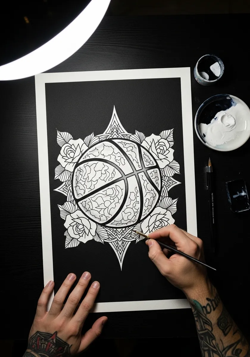 Black and white basketball inside an ornate mandala and floral border