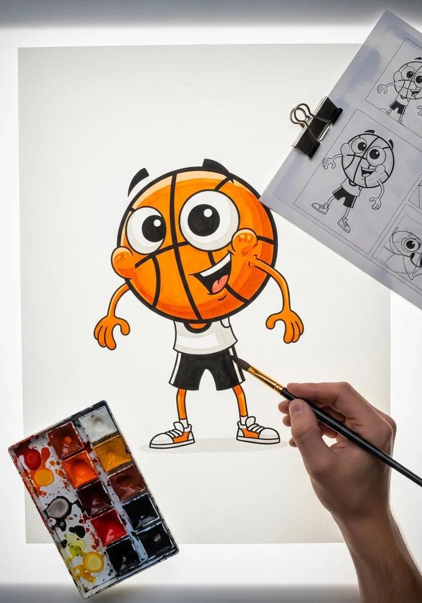 Cheerful cartoon basketball character with arms, legs and a big smile