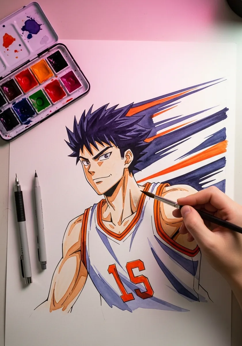 Anime style basketball player with purple hair and dynamic motion streaks