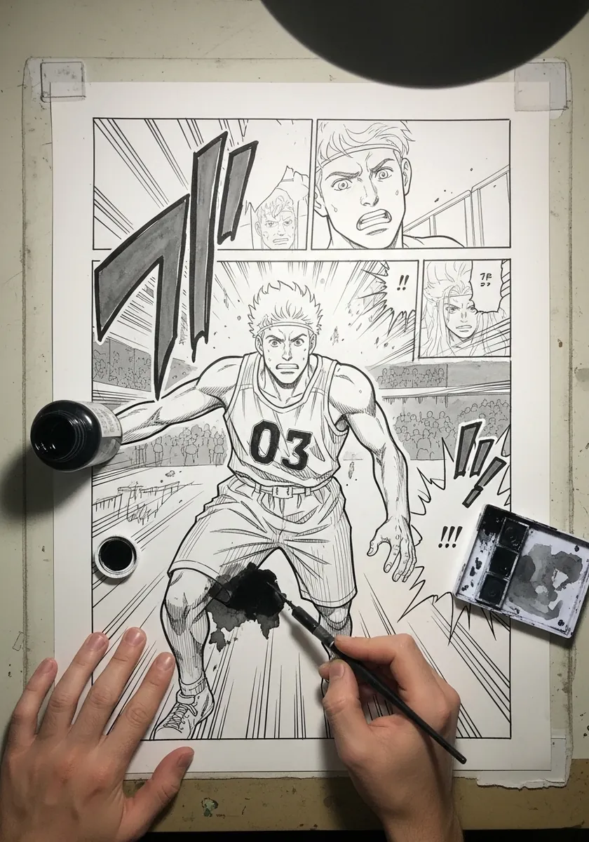 Black and white manga comic panel of a player driving with speed lines