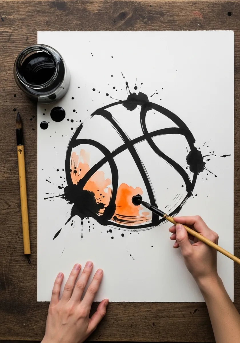 Basketball drawn with heavy black ink splashes and loose brush strokes