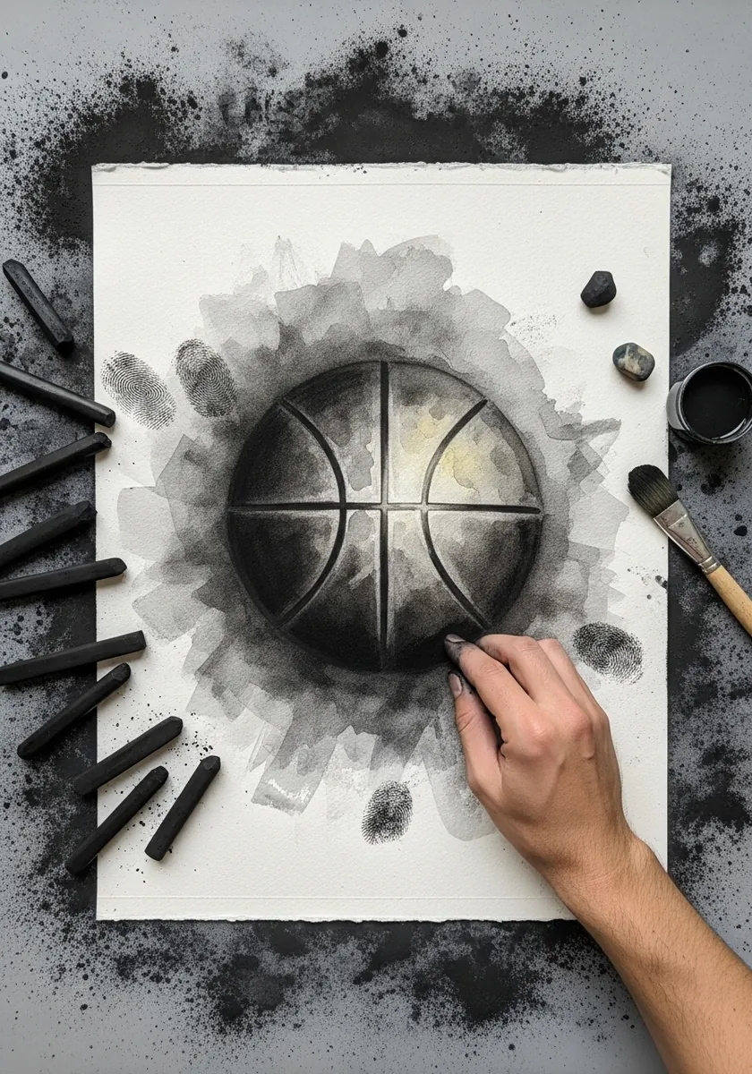 Dark charcoal basketball emerging from a cloud of smoky gray texture